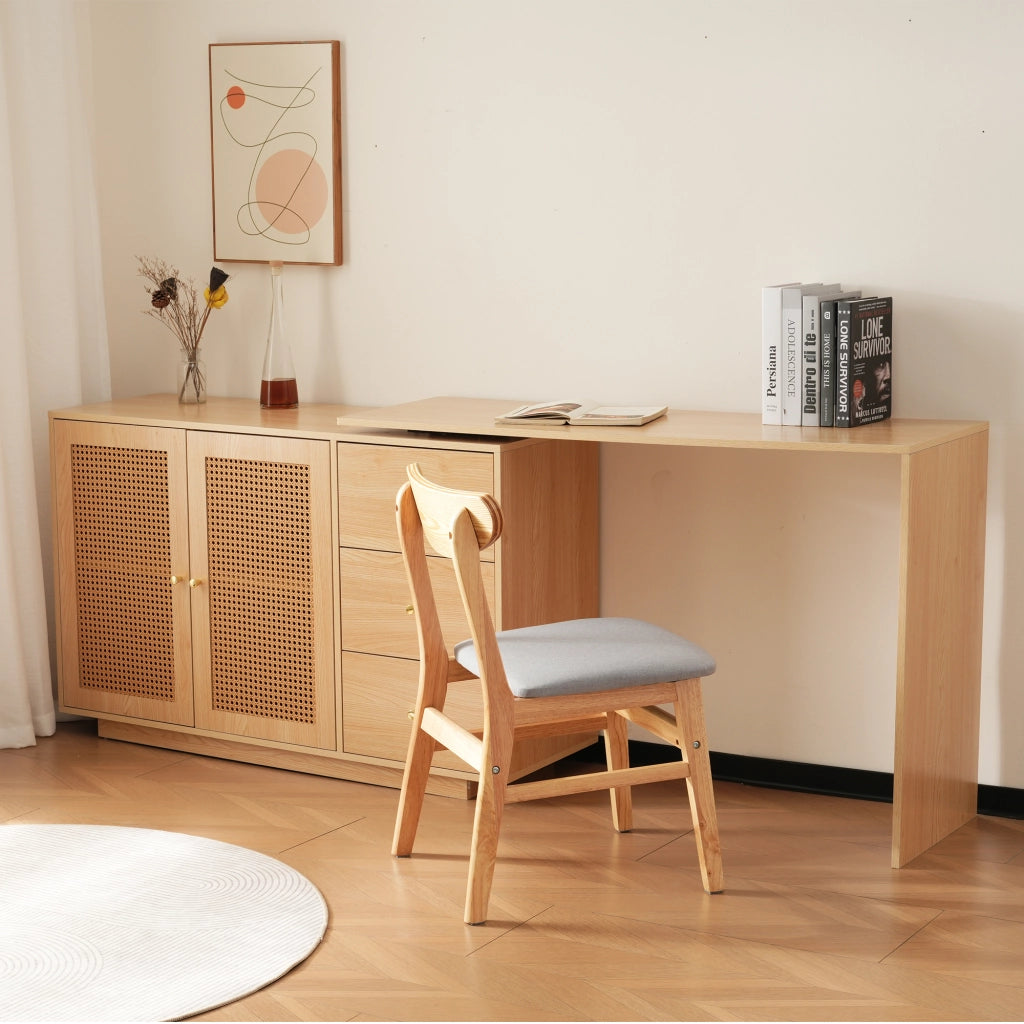 Scrivania angolare con mobile contenitore e piano girevole a 360°, 3 vani e ripiani regolabili, per ufficio, in MDF naturale, 126 × 40 × 75 cm
