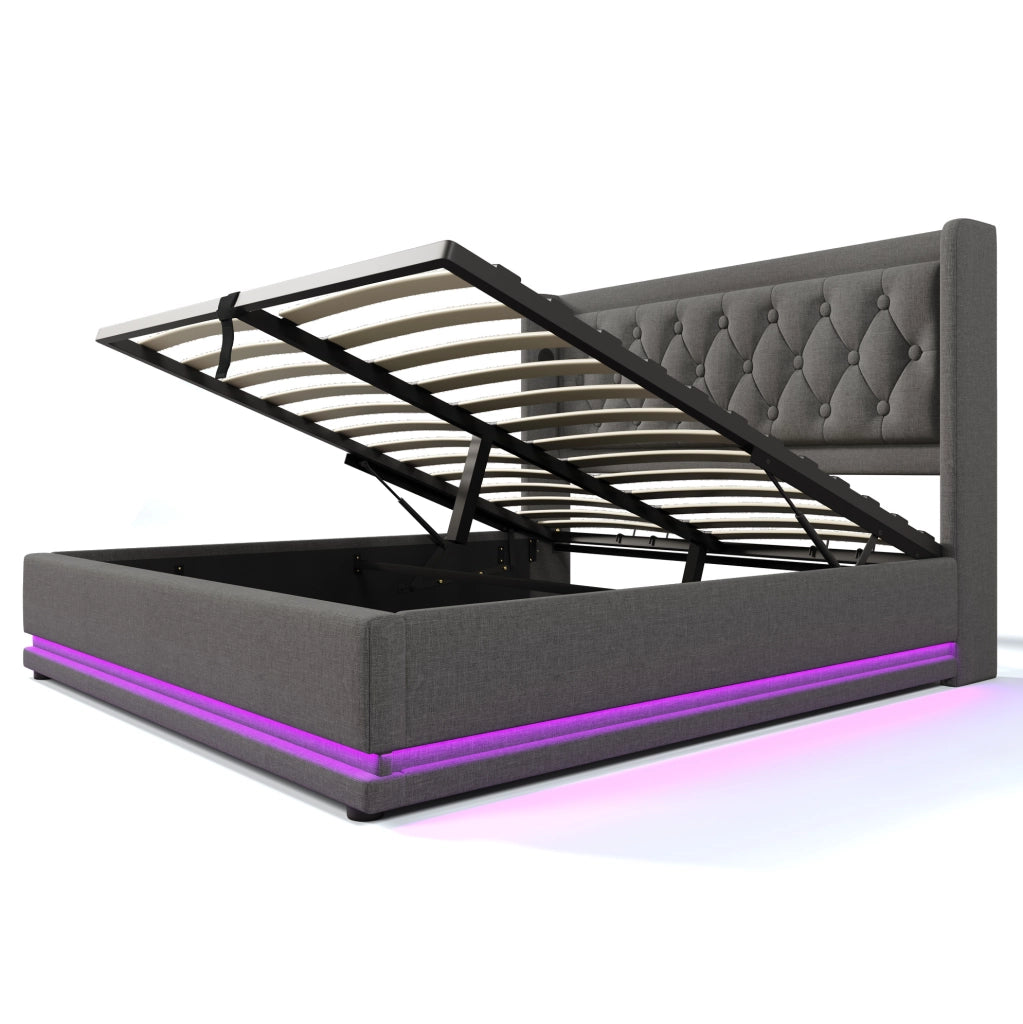 Letto matrimoniale contenitore 160x200 cm in cotone grigio con LED; USB e Type-C