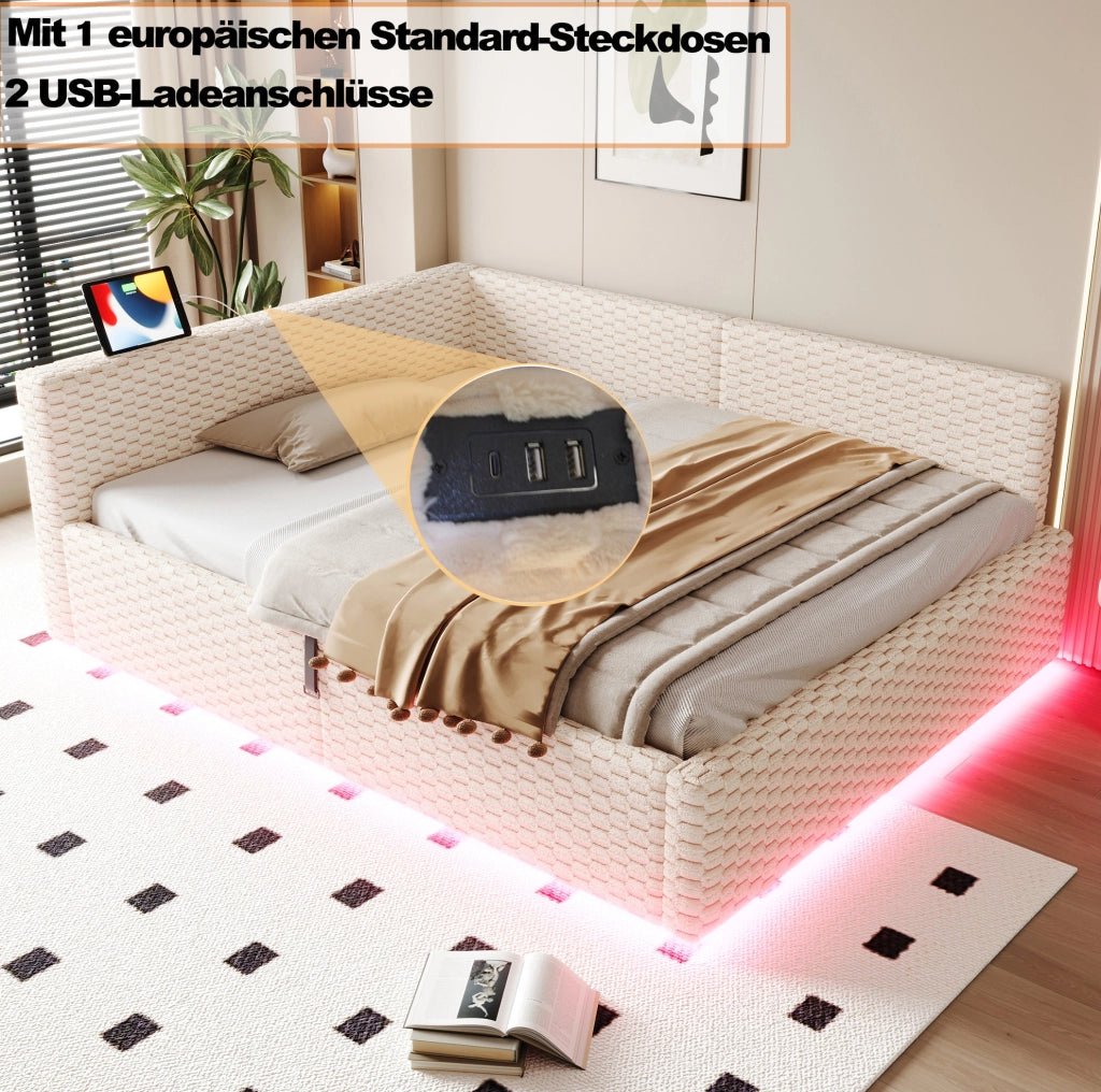 Multifunktionsbett 140x200 cm con LED; USB-C e vano contenitore; velluto beige