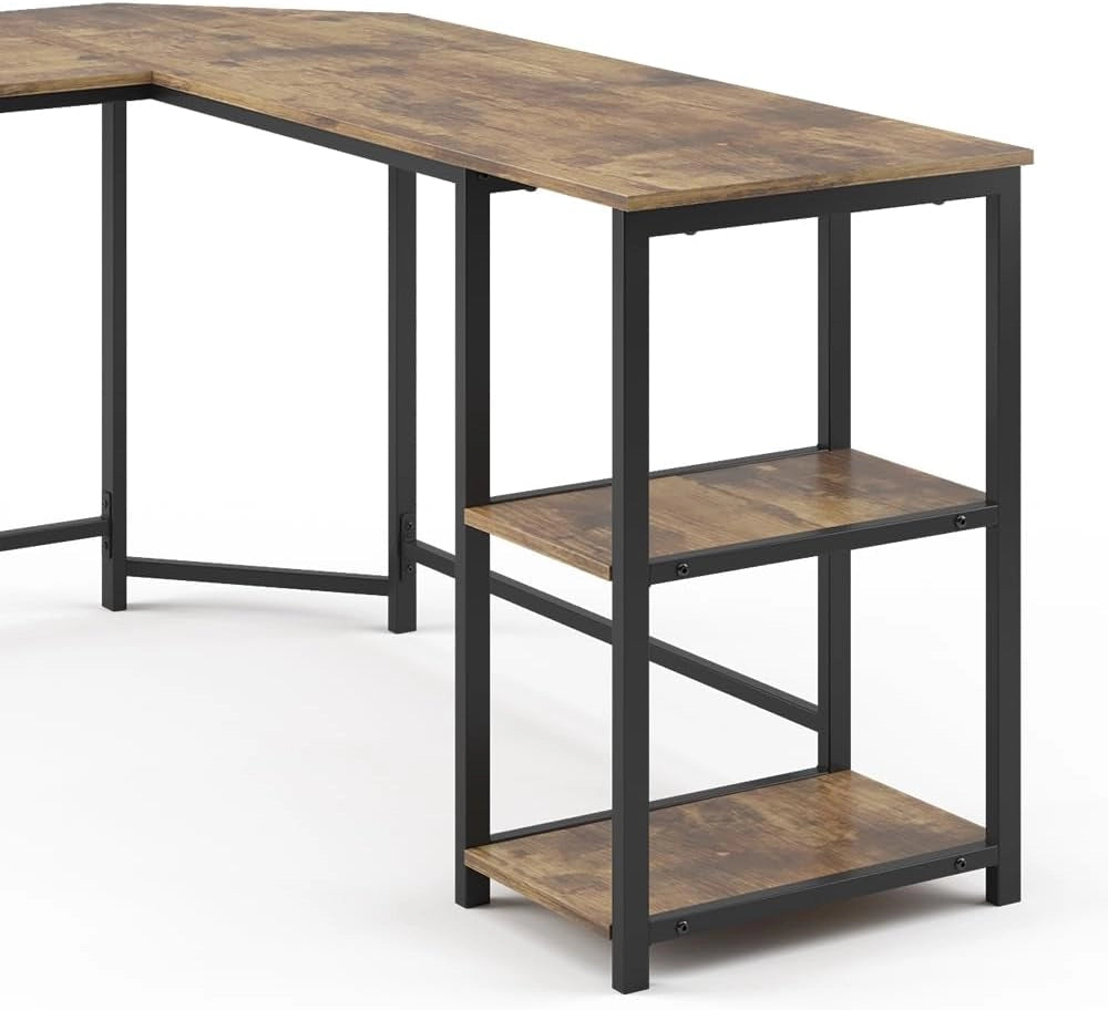 Scrivania angolare Fyrk, Legno antico, 138 x 50 cm, con ripiani aperti per una conservazione salvaspazio