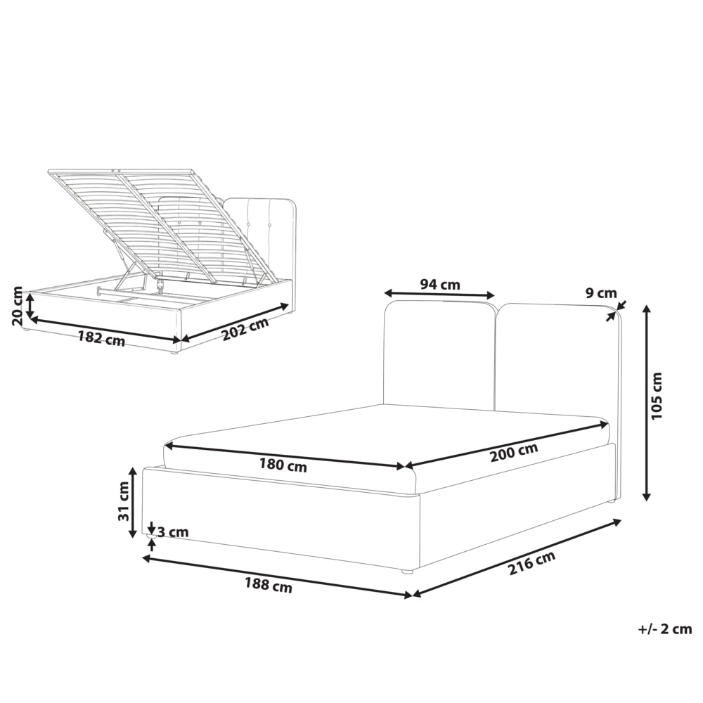 Letto ottomano color tortora in tessuto di ciniglia 180 x 200 cm Testiera imbottita Rete a doghe sollevabile