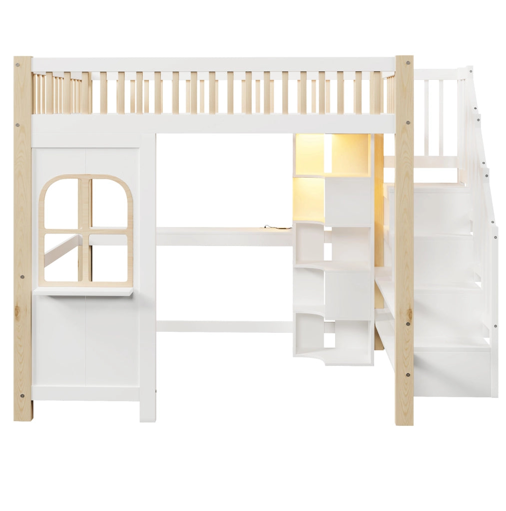 Letto a soppalco 140x200 cm con LED; scrivania e vano portaoggetti; bianco e naturale