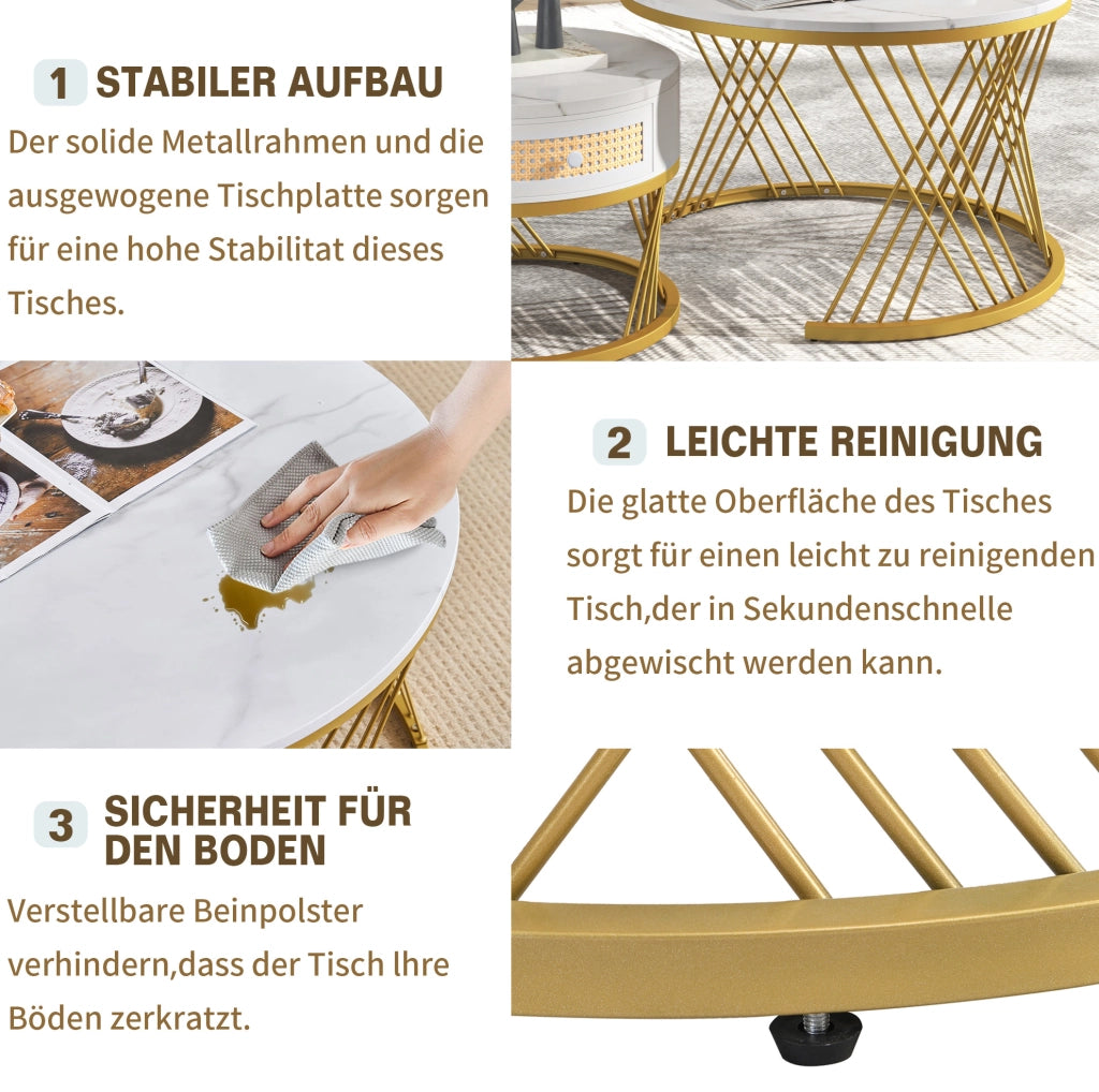 Set di 2 tavolini da salotto rotondi 70/50 cm in MDF bianco con dettagli oro