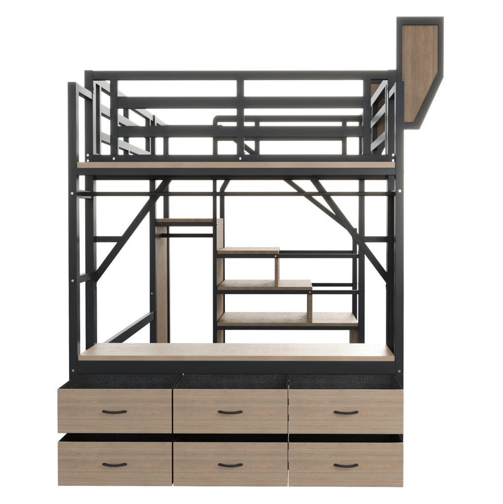 Letto a soppalco in metallo 140x200 cm con LED; ripiani; ganci e scale contenitore; nero