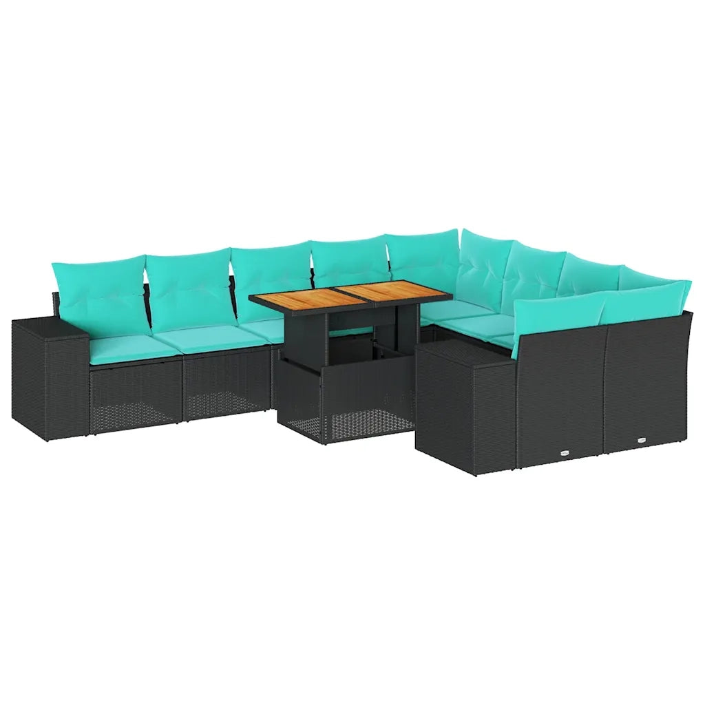 Set Divani da Giardino 10pz con Cuscini in Polyrattan Nero