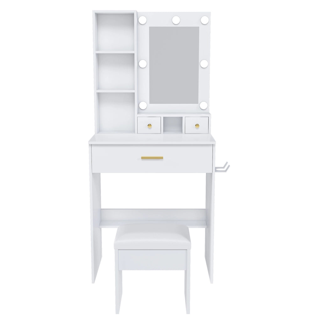 Tavolo da trucco con specchio LED a 3 modalità; presa elettrica; supporto phon e sgabello; bianco 60x131;5x38 cm