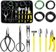 Strumenti per Bonsai - 13 Pezzi - Tas in Pelle PU - Con Filo - Set di 13 pezzi per la cura dei Bonsai con forbici da giardino, forbici per bonsai, filo per bonsai, piccola vanga e piccola zappa - Set di inizio per principianti di bonsai.