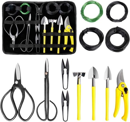 Strumenti per Bonsai - 13 Pezzi - Tas in Pelle PU - Con Filo - Set di 13 pezzi per la cura dei Bonsai con forbici da giardino, forbici per bonsai, filo per bonsai, piccola vanga e piccola zappa - Set di inizio per principianti di bonsai.