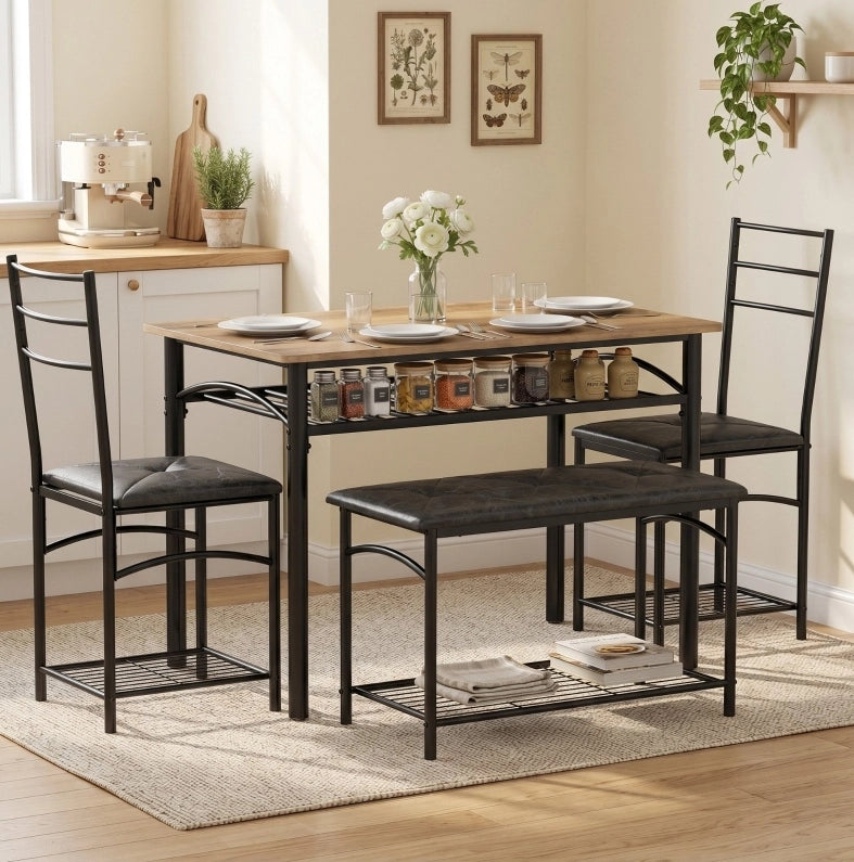 Set da pranzo industriale 4 posti con tavolo, 2 sedie e panca
