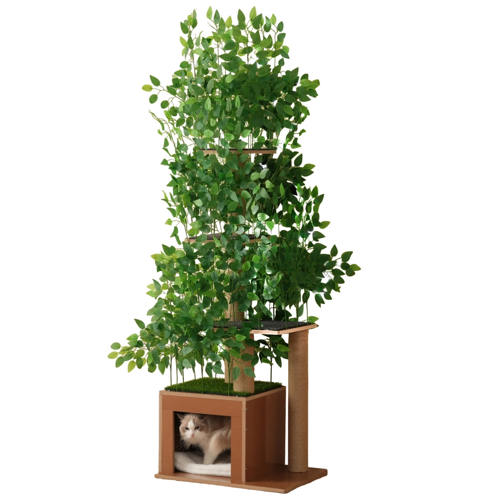 OKWISH Tiragraffi ad Albero, con 4 Piattaforme e Cuccia, per Arrampicarsi e Nascondersi, MDF, Verde, 60 x 45 x 190 cm