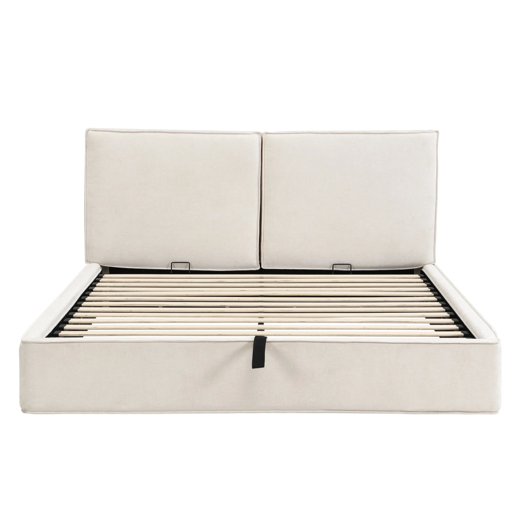 Letto imbottito 160x200 cm con contenitore idraulico e testiera in chenille beige