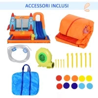 Castello Gonfiabile per Bambini Piscina con Scivolo e Trampolino, Pompa Elettrica, 350x250x185cm, Multicolore
