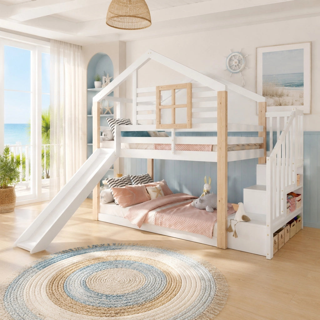 Letto a castello a casetta con scivolo e scala con vani contenitore 90x200 cm in legno; bianco