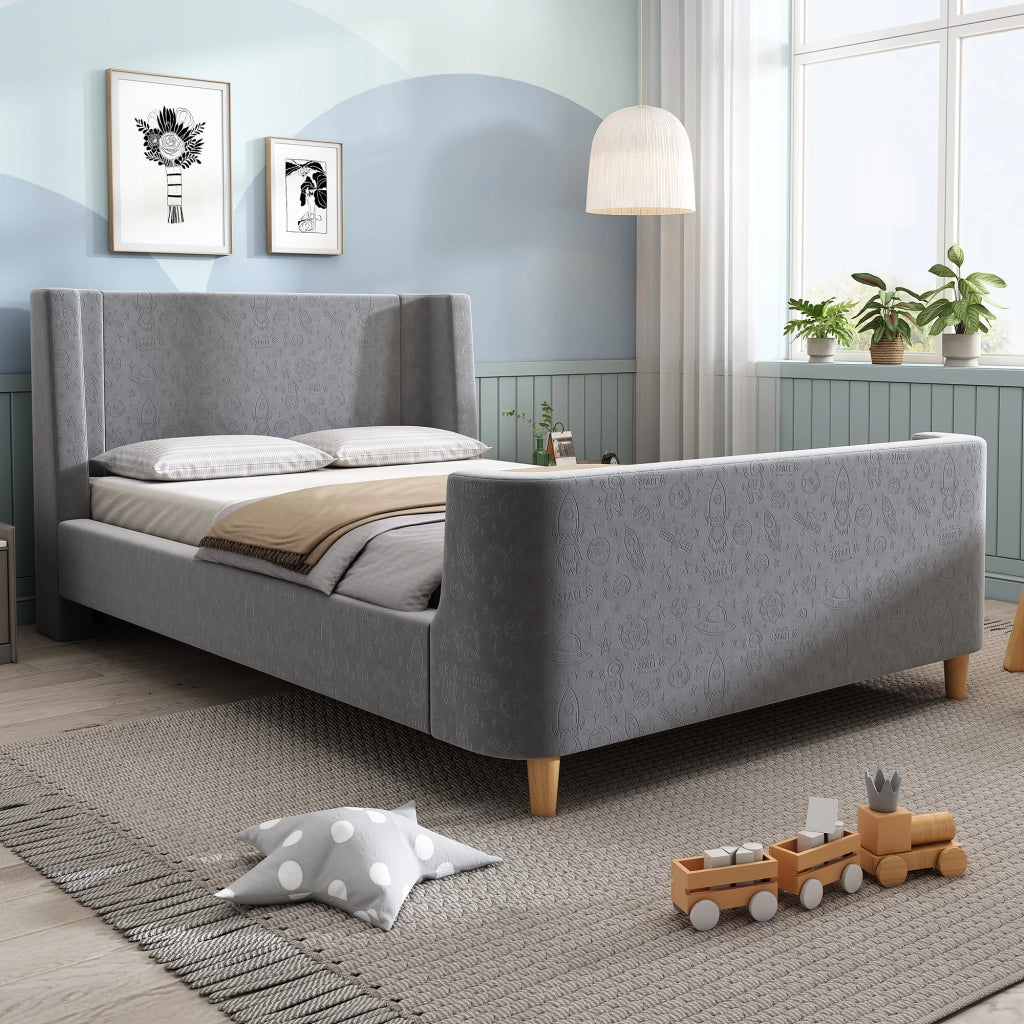 LETTO Bambini a slitta 90x200 cm in velluto grigio con motivo spaziale