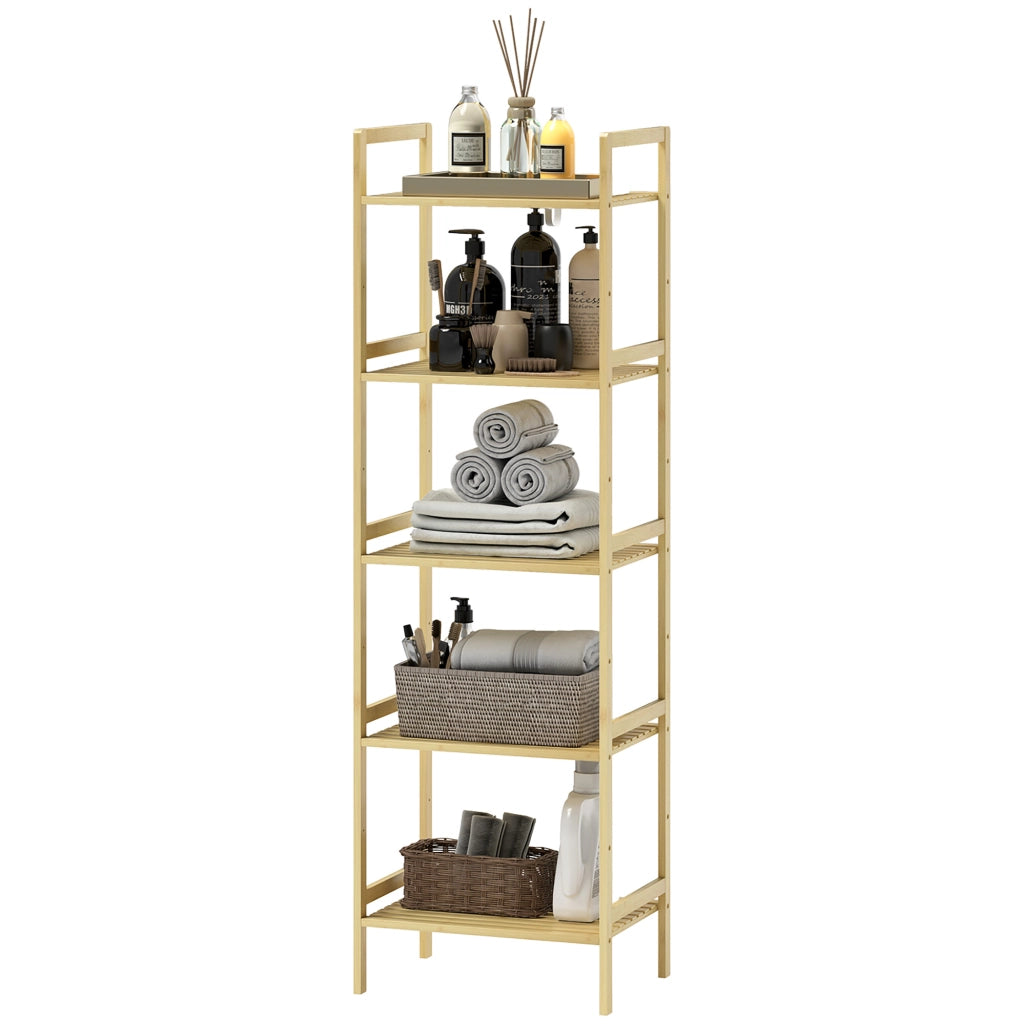 Scaffale Bagno a 5 Ripiani Regolabili in Altezza in Bamb¨´, 43.5x31.5x142 cm, Legno Naturale