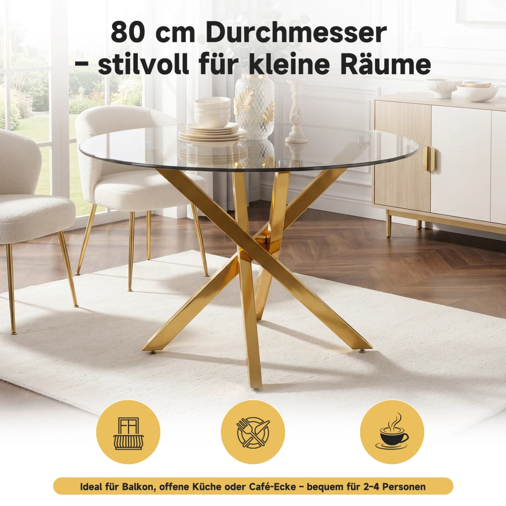 Tavolo da pranzo - rotondo 80x80x75 cm - piano in vetro - gambe dorate - oro+vetro - minimalista