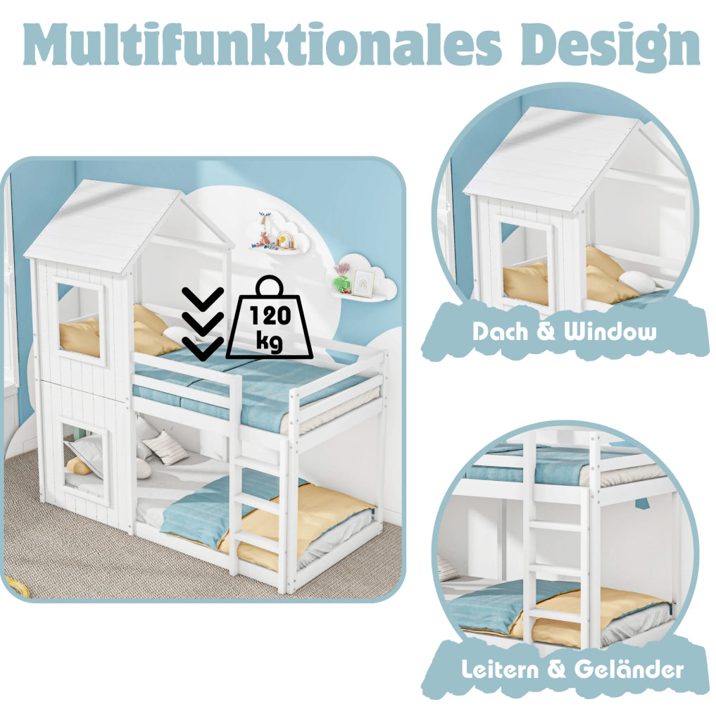 Etagenbett per bambini 90x200 cm in pino e MDF; bianco; design casetta