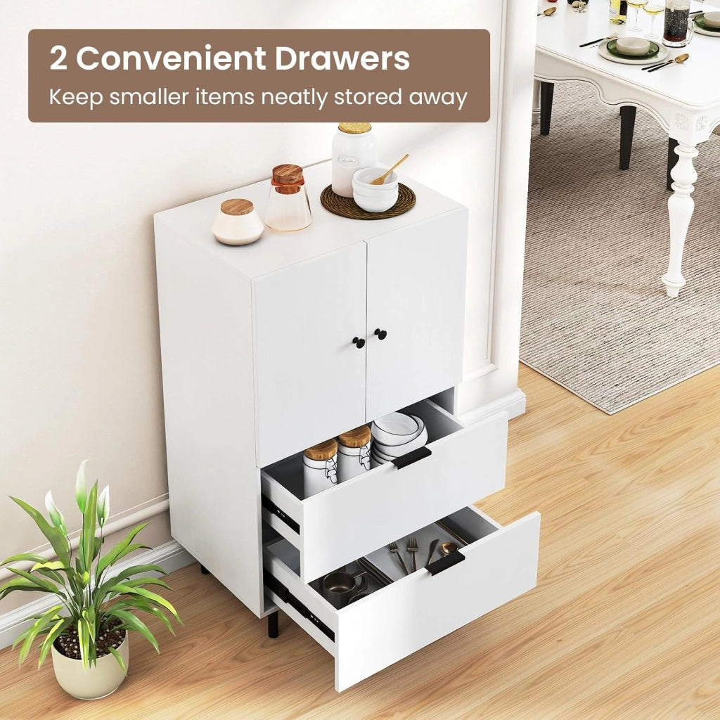 Mobiletto di Stoccaggio con 2 Cassetti e Scomparto a Doppie Porte, Tavolino in Stile Industriale con Gambe in Metallo Robuste, Dispositivo Anti-Ribaltamento, Caffè/Bianco