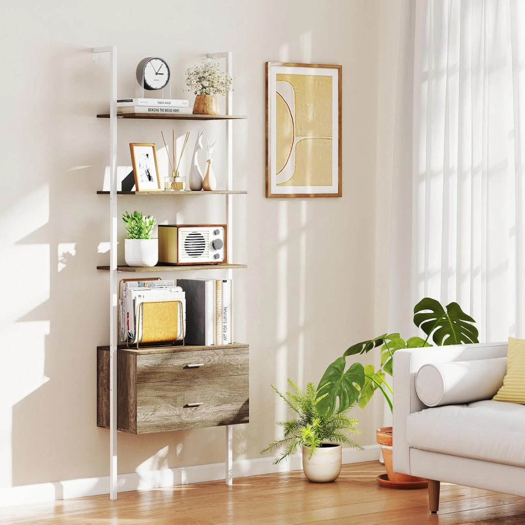 Libreria a Scala 184 cm, Scaffale da Parete a 6 Ripiani con 2 Cassetti e Struttura in Metallo, Ripiano Espositivo Aperto Moderno per Soggiorno Studio Ufficio, 60 x 30 x 184 cm (Naturale)