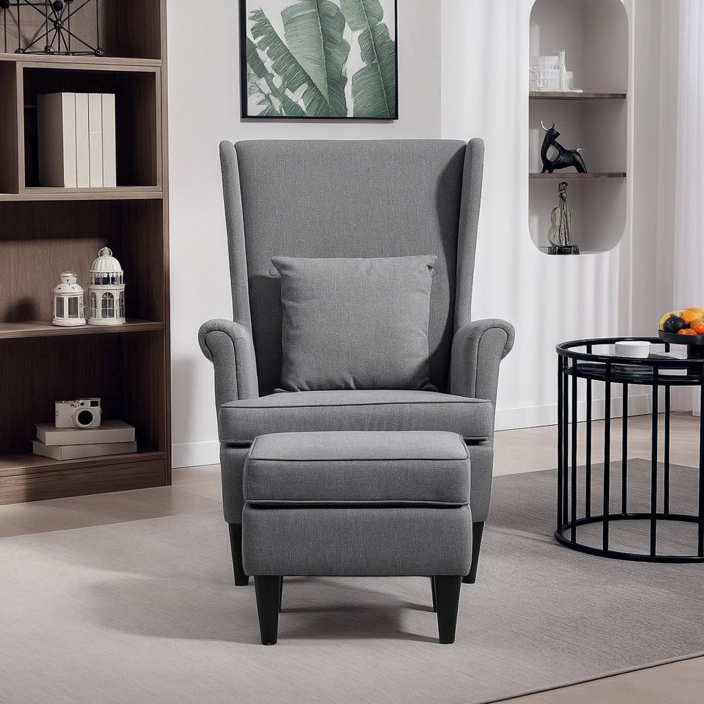 Poltrona da Salotto 75x83x104 cm con Pouf Poggiapiedi in Tessuto Grigio