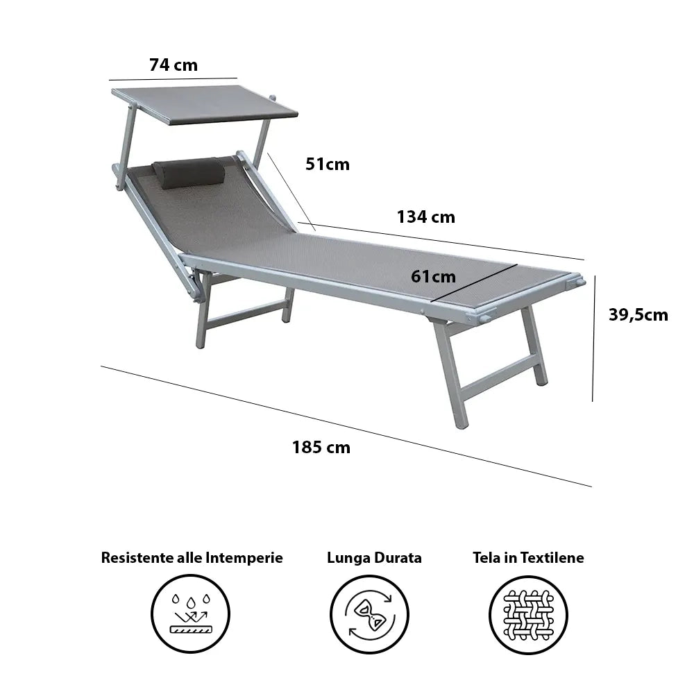Tempo Style - Lettino Prendisole Tortora con Parasole e telaio alluminio