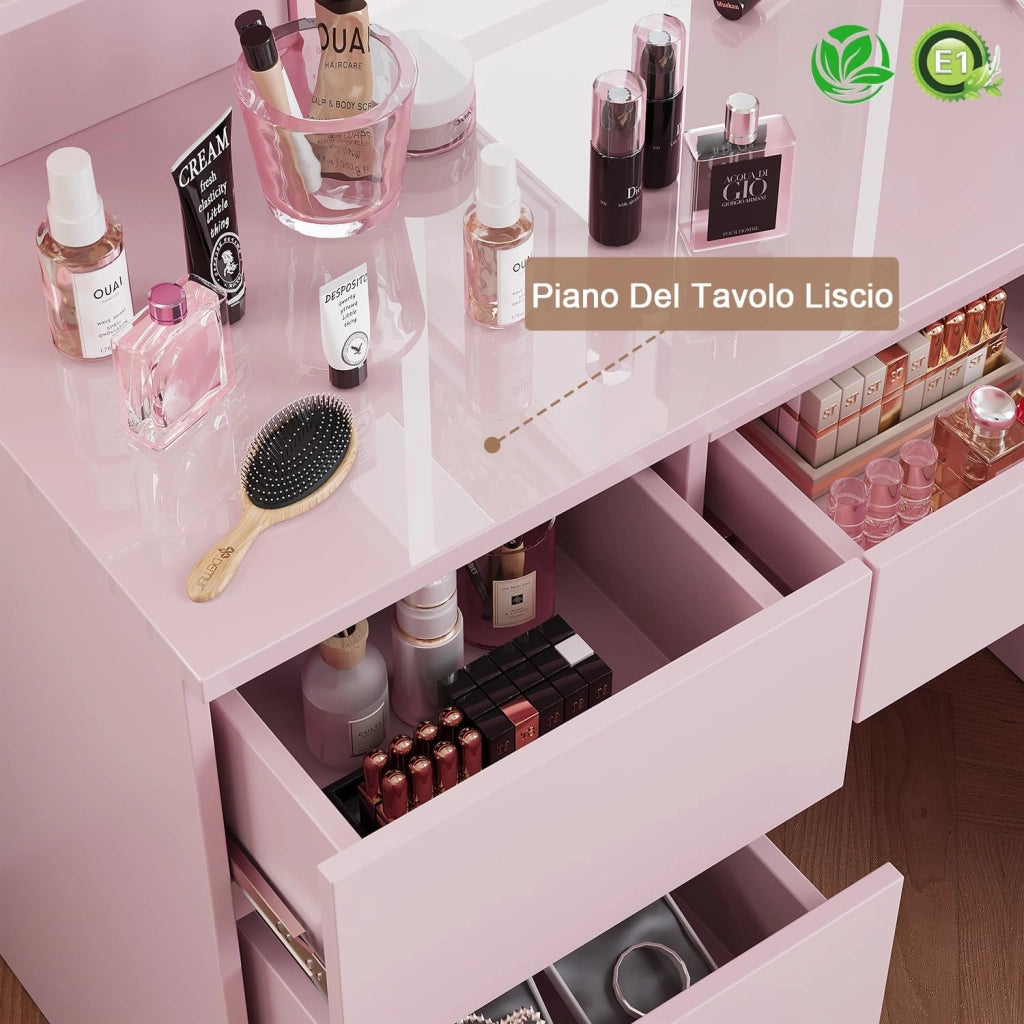 Toeletta da Trucco con 7 Cassetti, Postazione Trucco con Specchio a LED, Luminosità Regolabile,Tavolo da Toeletta con 4 Ripiani Aperti,per la Camera da Letto (Rosa)