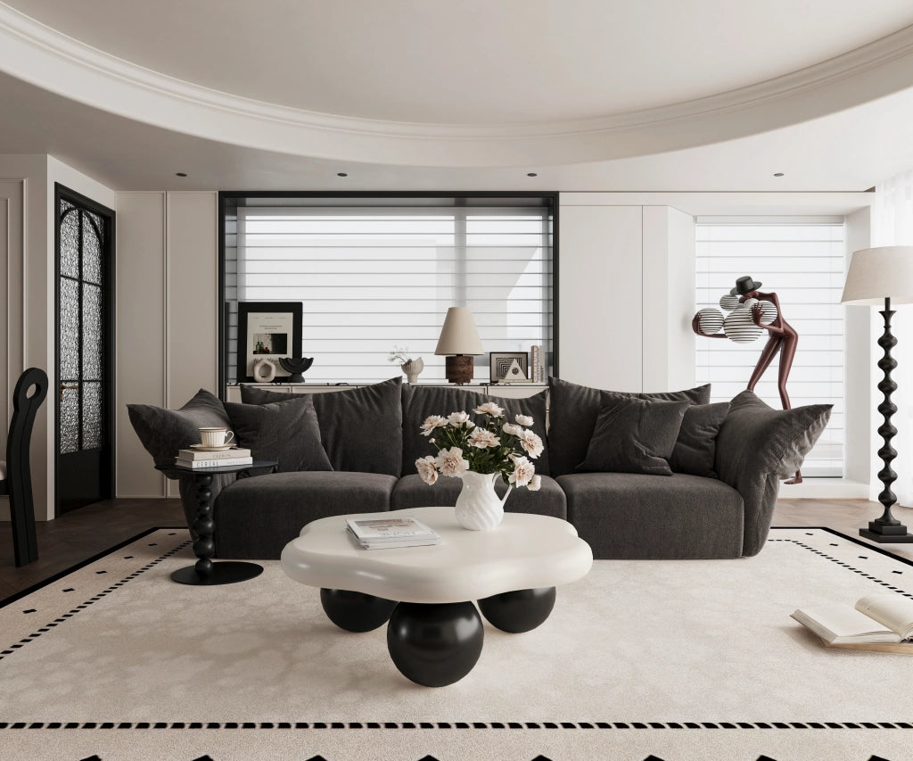 Tavolino basso a nuvola bicolore con gambe sferiche, MDF, per soggiorno e piccoli spazi, bianco nero, Ø 80 × 35 cm