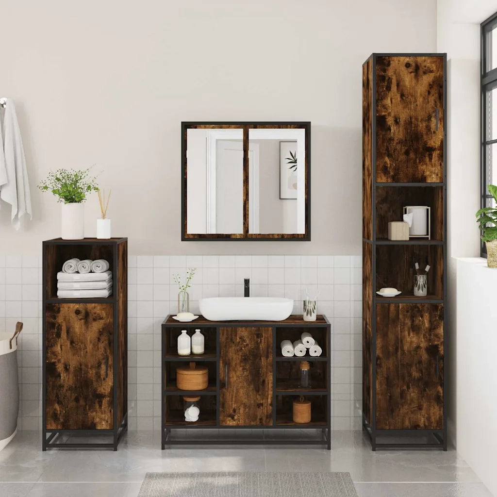 Set Mobili da Bagno 2 pz Rovere Fumo in Legno Multistrato