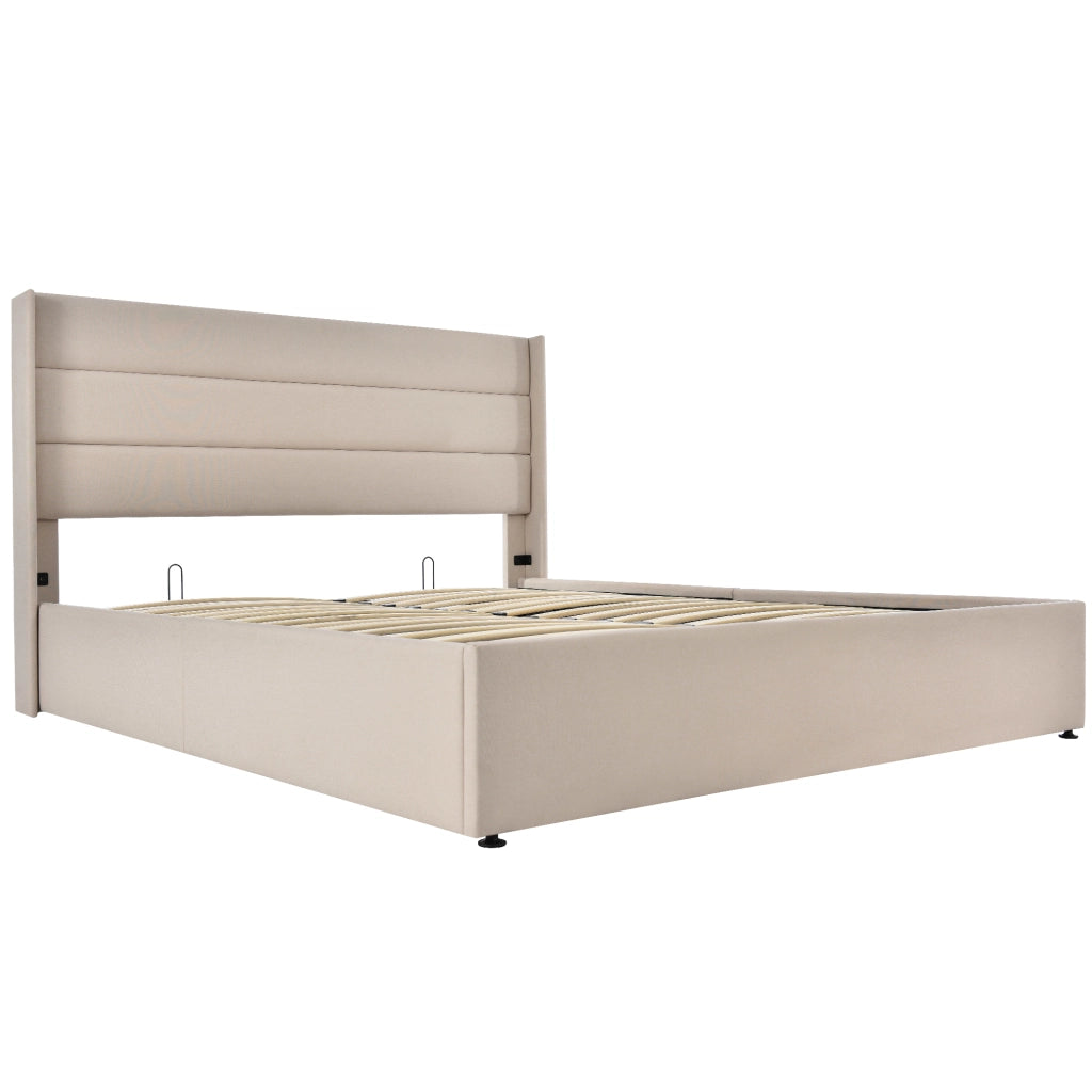 Letto contenitore imbottito 160x200 cm con rete a doghe, design moderno, beige