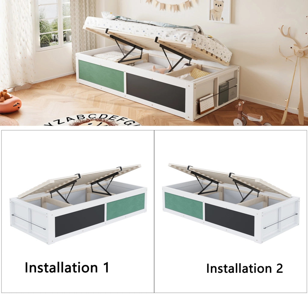 Letto per bambini multifunzione 90x200 cm con contenitore idraulico; lavagna e pannello in feltro; bianco