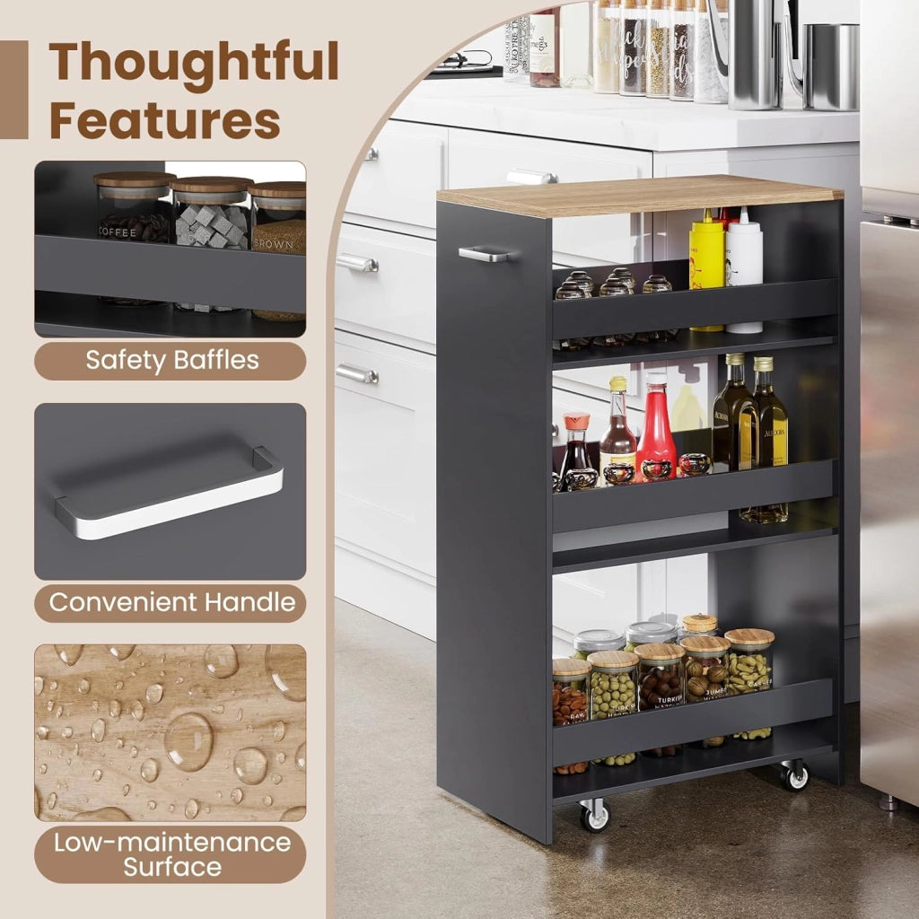 Carrello per Nicchia con Ruote, 4 Livelli，Carrello di Servizio Stretto Salvaspazio, da Bagno, Scaffale da Cucina Sottile 47,5 x 13 x 80,5 cm (Naturale+Grigio, Largo 30 cm)