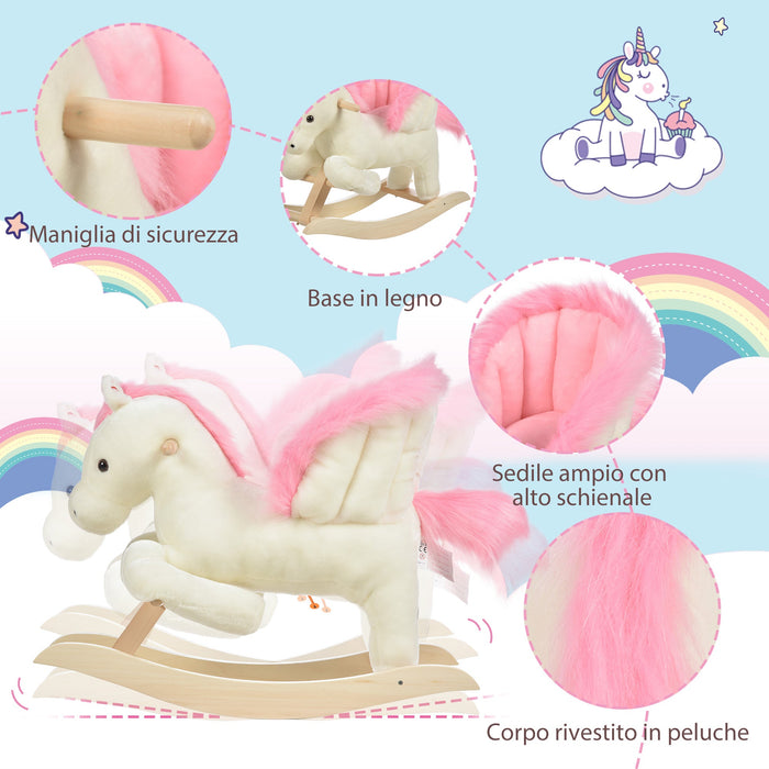 Dondolo per Bambini in Legno Cavallo in Peluche   Bianco e Rosa