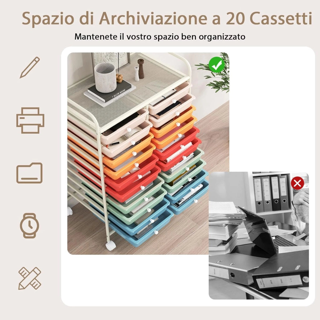 Carrello di Stoccaggio con 20 Cassetti, Carrello portaoggetti con 4 Ruote, Carrello Multiuso per Scuola Ufficio Cucina, 64 x 39 x 88 cm (Colorato 2)