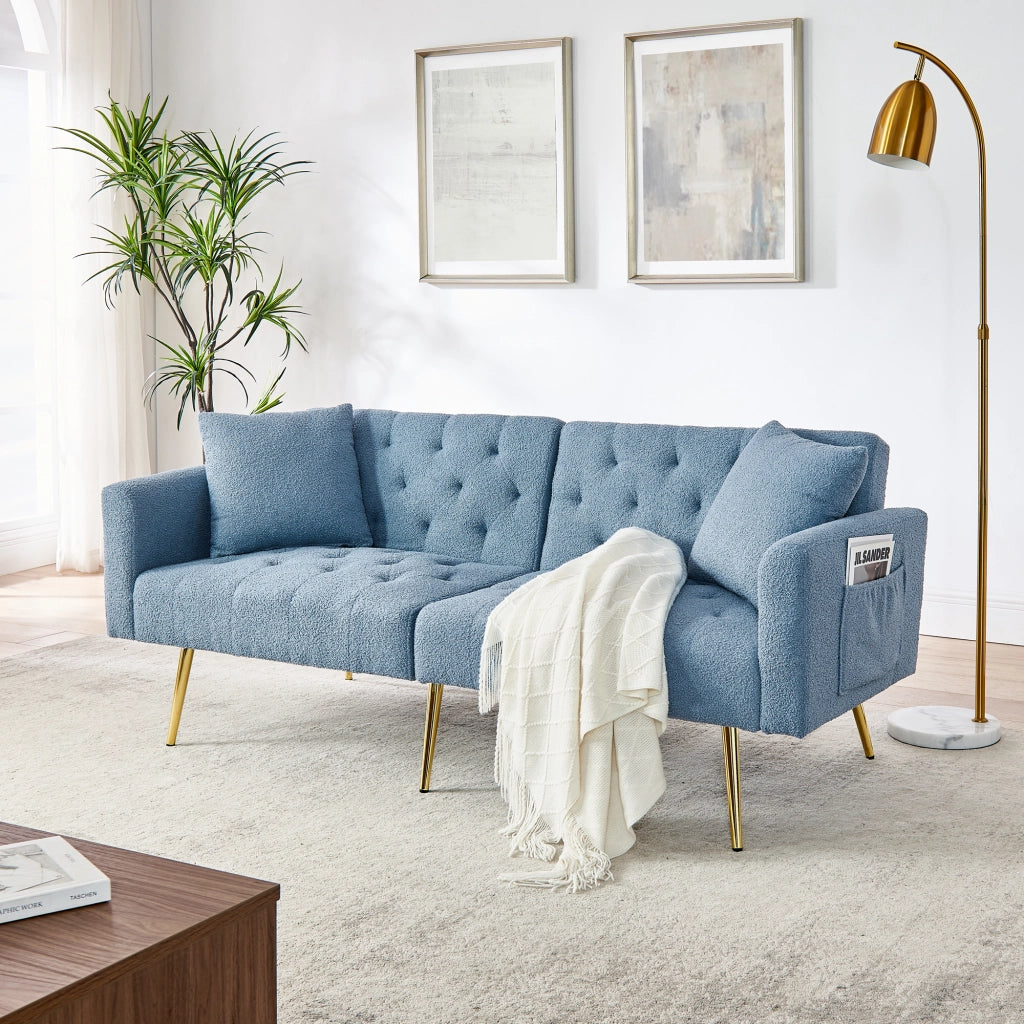 Divano a 2 posti con schienale reclinabile a 3 livelli e 2 cuscini, gambe in metallo dorato, teddy fleece blu