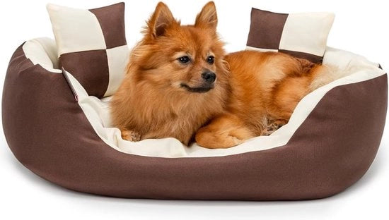 Letto per cani 4 in 1 - Cuscino ribaltabile - 65x50 cm - Entrata profonda - Impermeabile - Resistente ai graffi - Misto marrone/beige