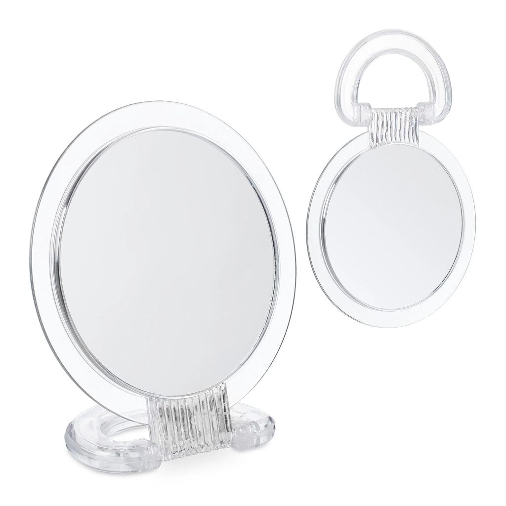 Set di 2 specchi rotondi da appoggio con manico pieghevole 20 x 20 cm e 15 x 15 cm versatili in plastica trasparente 13_0014812