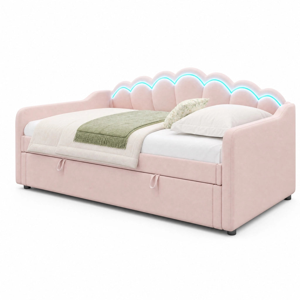 Divano letto singolo 90x200 cm in velluto rosa con contenitore; LED e testiera ondulata