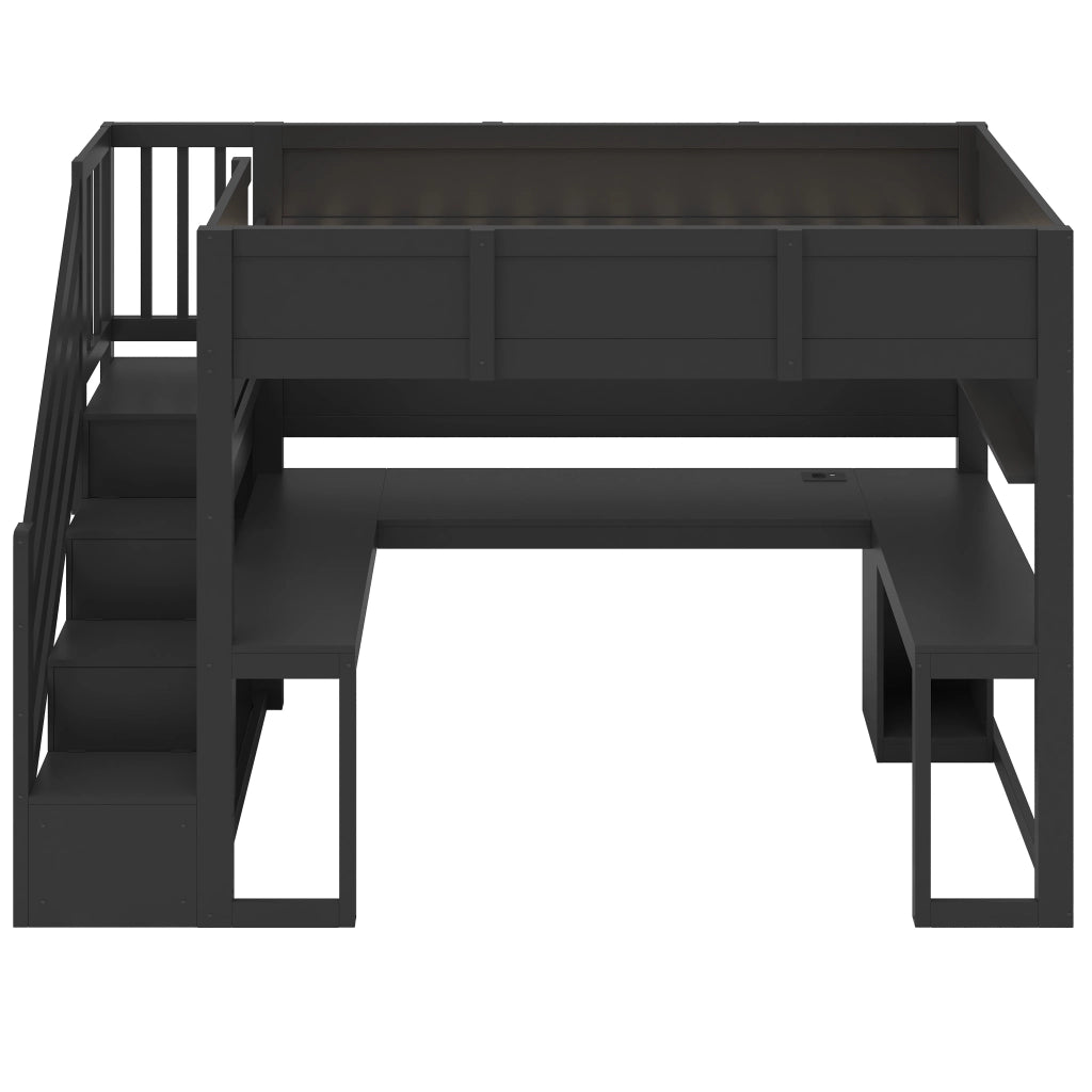 Letto a soppalco 90x200 con scrivania; scala contenitore; LED e USB; in multistrato e MDF nero per camera