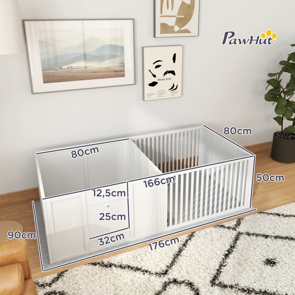 Recinzione decorativa per cuccioli a due spazi con ingresso regolabile in MDF bianco 166 × 80 × 50 cm