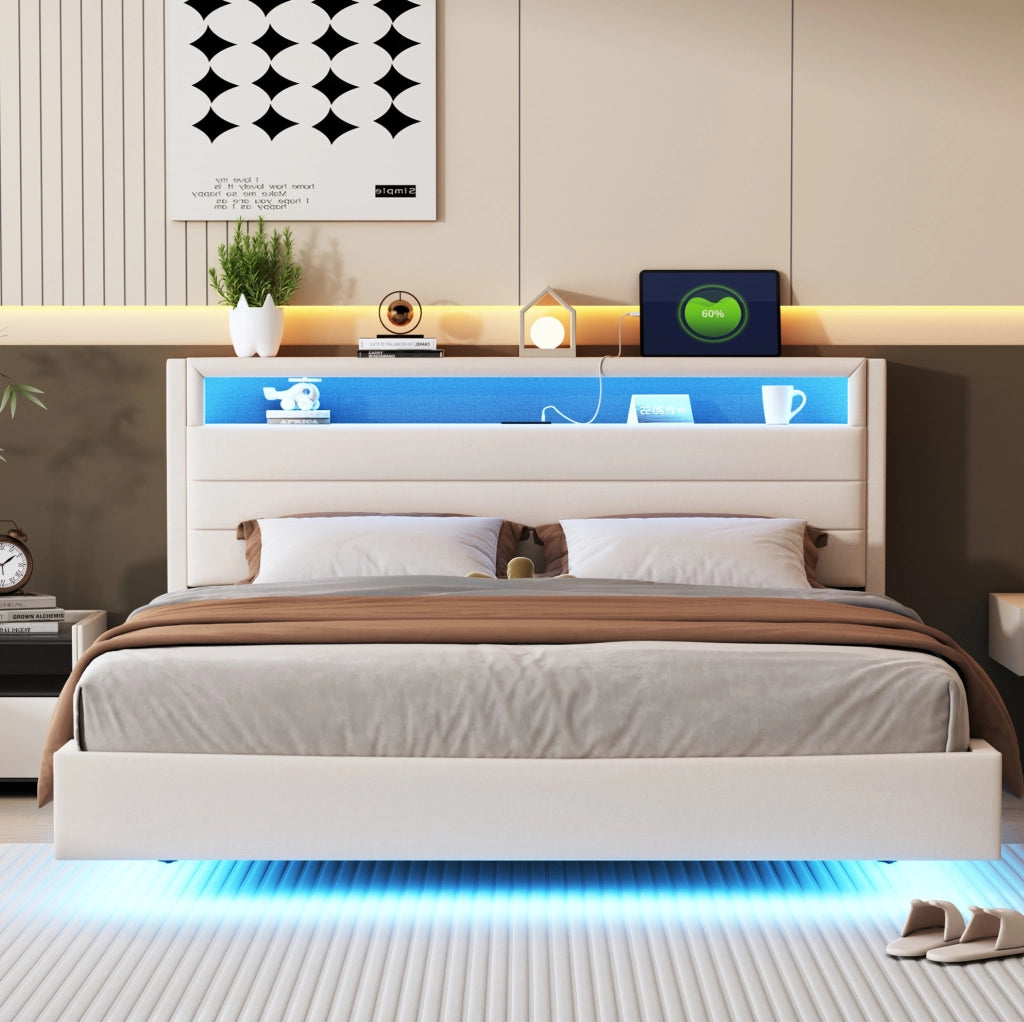 Letto imbottito 160x200 cm beige in tessuto di lino con LED e USB