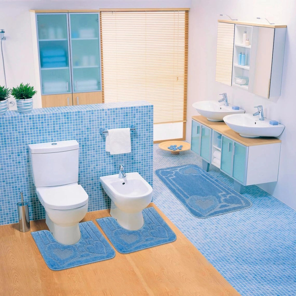 Tappeto Bagno Set 3 Pezzi Tinta Unita Antiscivolo Assorbente Girowater Cuori Made In Italy Azzurro