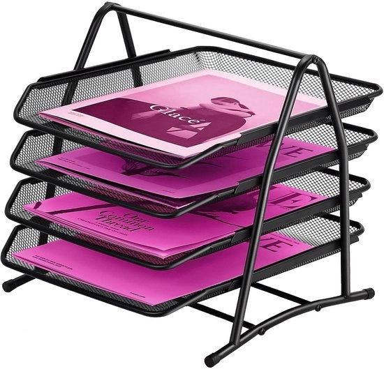 Organizzatore per documenti 4 livelli - cassetti per documenti in metallo - contenitori di archiviazione per documenti A4 - organizzatore di spazio di lavoro con 4 cassetti per fogli A4 (nero)