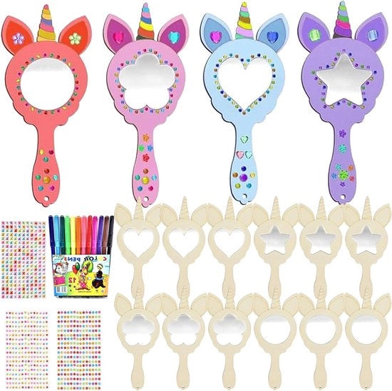 Set di lavorazione del legno per bambini: 27 pezzi di lavorazione del legno per bambini - specchio in legno non finito - set di lavorazione del legno per bambini con unicorni e vernice, comprensivo di 27 pezzi.
