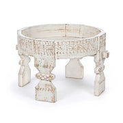 Tavolino rotondo in legno di mango intagliato stile etnico bianco anticato - FARIS