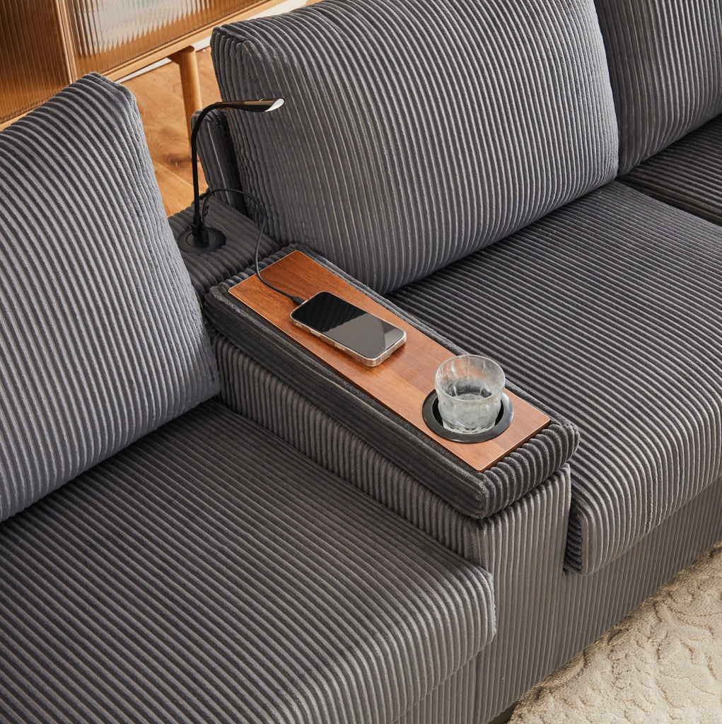 Divano a U in velluto a coste grigio con LED, USB/Type-C e 2 pouf