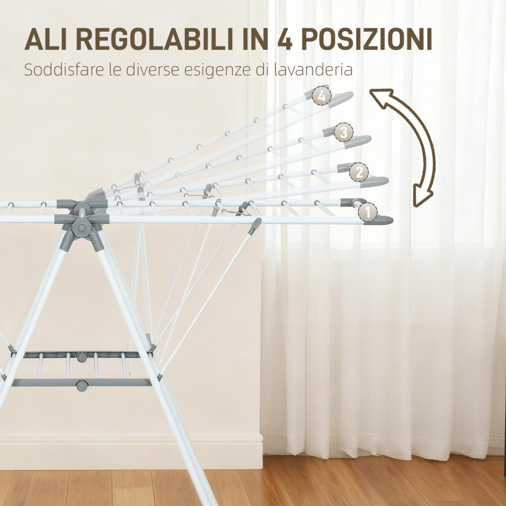 Stendibiancheria a 2 Livelli Regolabile su 4 Altezze. in Metallo e Plastica. 156.5x61.5x97 cm. Bianco
