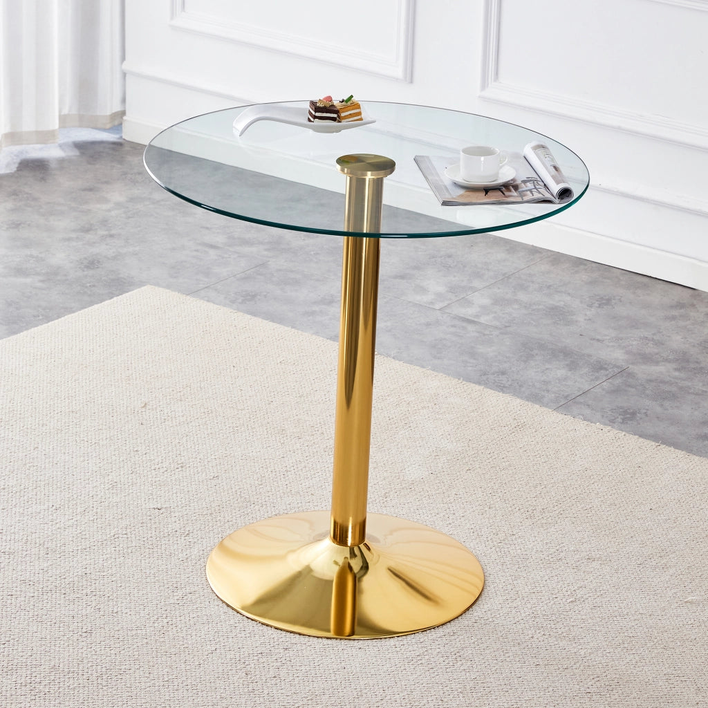 Tavolo da bar rotondo con piano in vetro trasparente e base in metallo, per casa e locali, oro trasparente, Ø 89 × 92 cm