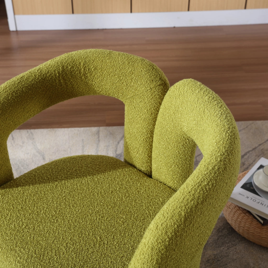 Poltrona Girevole a 360° con Schienale Arrotondato e Braccioli Integrati; in Bouclé; Verde Oliva