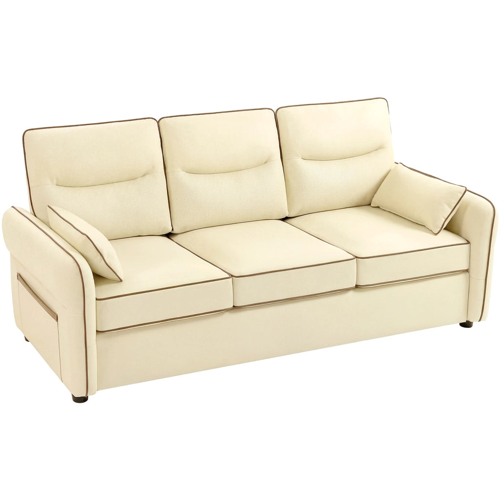 Divano 3 Posti in Finta Pelle con Imbottitura Spessa, Tasca Laterale e 2 Cuscini, 190x83x90 cm, Beige