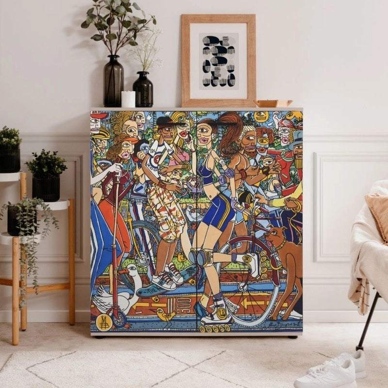 Scarpiera Move con 2 ante battenti decorate By Mauro Bergonzoli in stile pop art e 12 ripiani interni